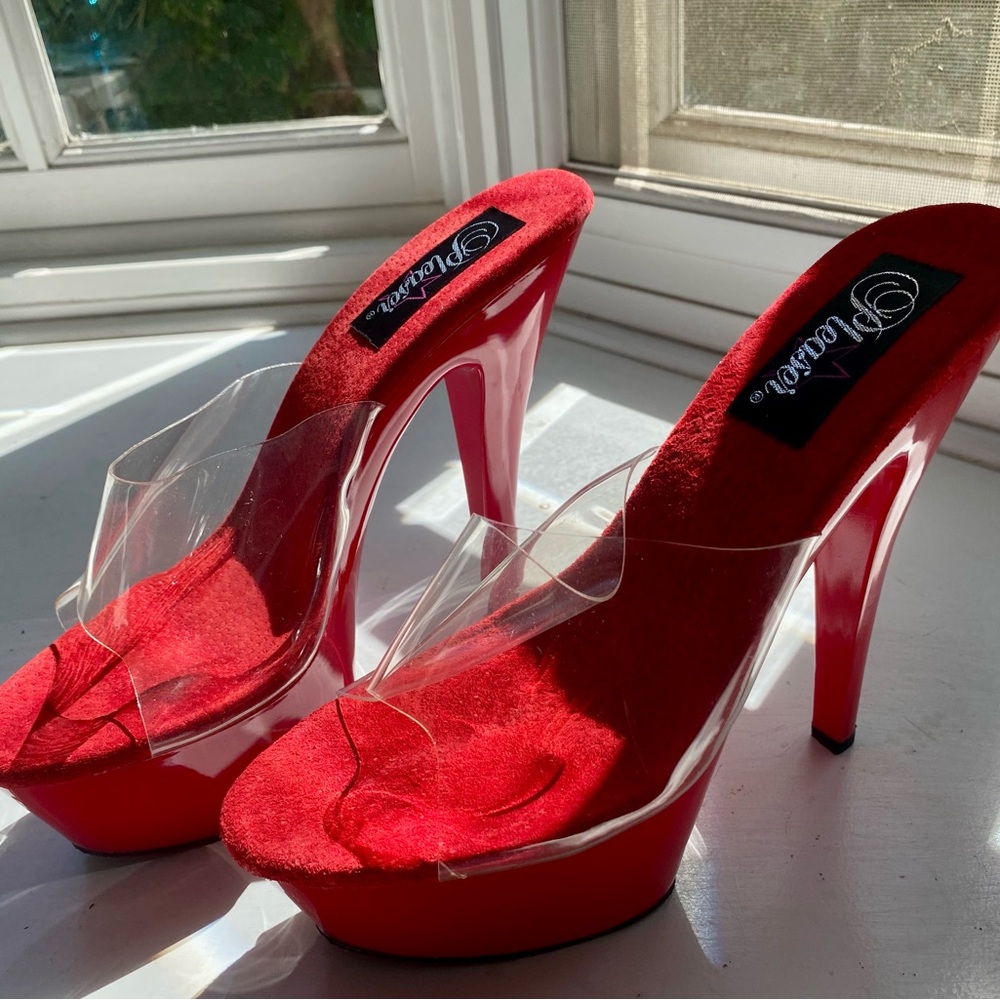 Pleasers Red and Clear Platform Peep Toe Heels